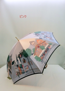 2019通年新作）雨傘・長傘-婦人　甲州織生地ホグシ織風景柄タッセル付手元日本製ジャンプ傘