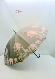【通年新作】雨傘・長傘-婦人　和風16本骨親子ゾウ・シマウマ・シカ・キリンのサファリ柄手開雨傘
